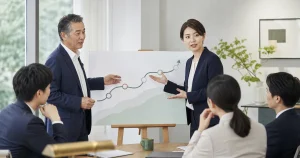 人材育成コンサル会社の段階的な資本提携を協議する経営者と後継チーム
