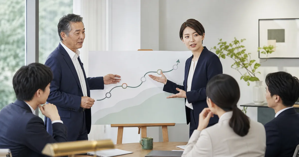 人材育成コンサル会社の段階的な資本提携を協議する経営者と後継チーム