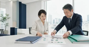 コンサル会社のカーブアウトM&Aで事業部の分離計画を確認する経営チーム