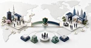 コンサル会社のクロスボーダーM&Aで国際取引計画を協議する経営チーム