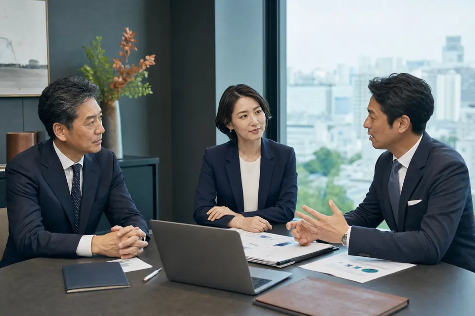 コンサル会社の将来の提携と承継について協議する経営者とアドバイザー