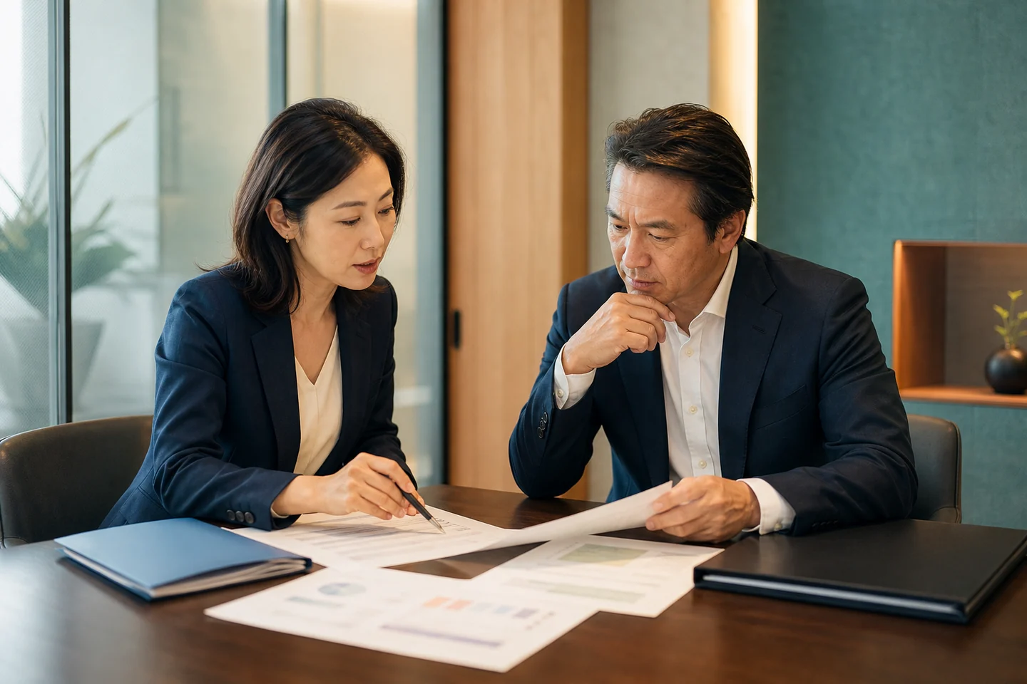 コンサルティング会社の承継計画を資料で確認する経営者とM&A担当者