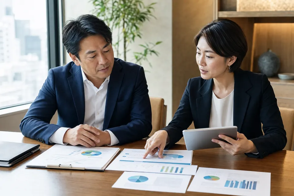 継続契約・顧客集中・案件パイプラインを確認する経営者とM&Aアドバイザー