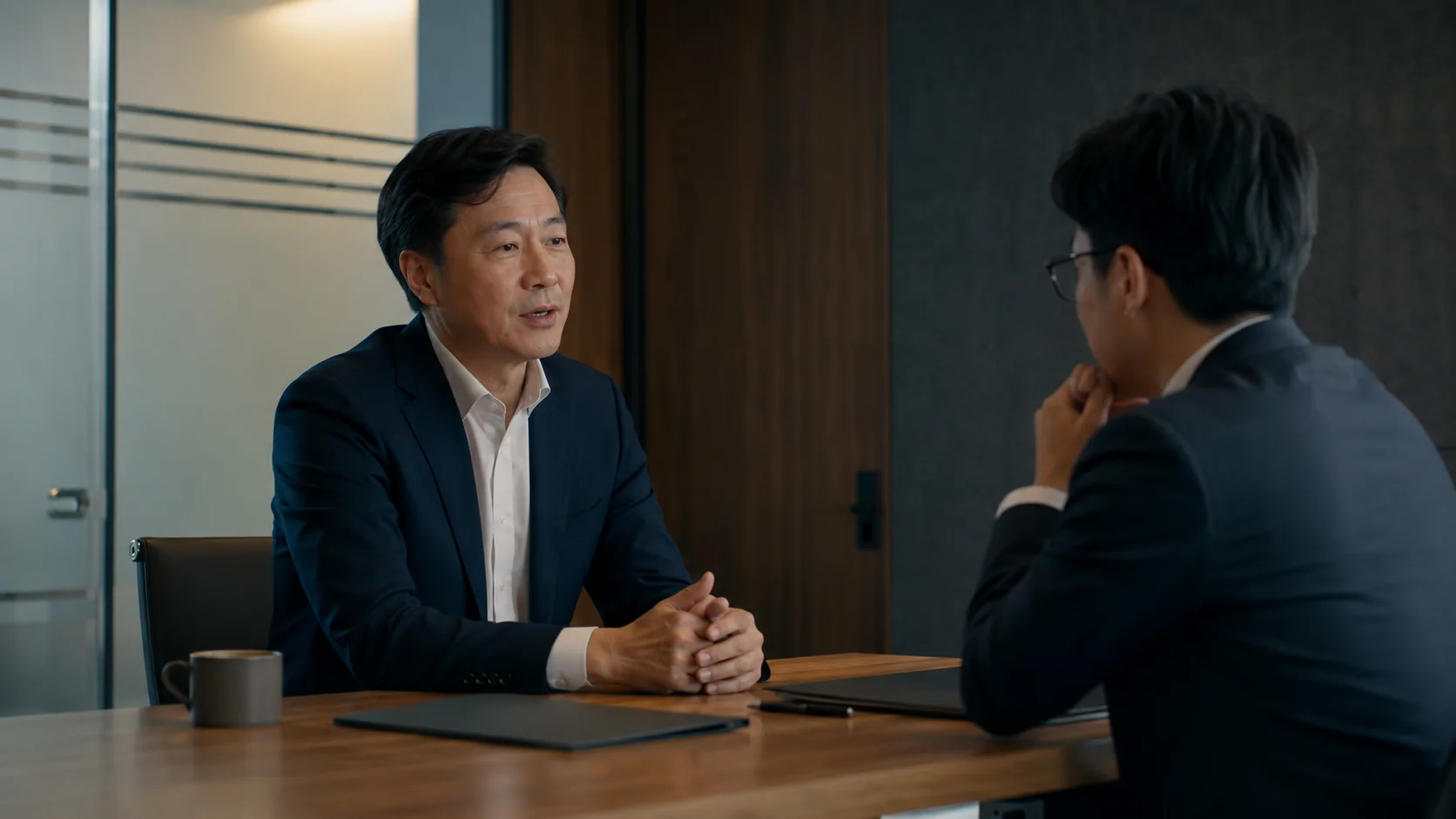 個室で秘密保持を前提にコンサルティング会社の売却を相談する経営者とアドバイザー