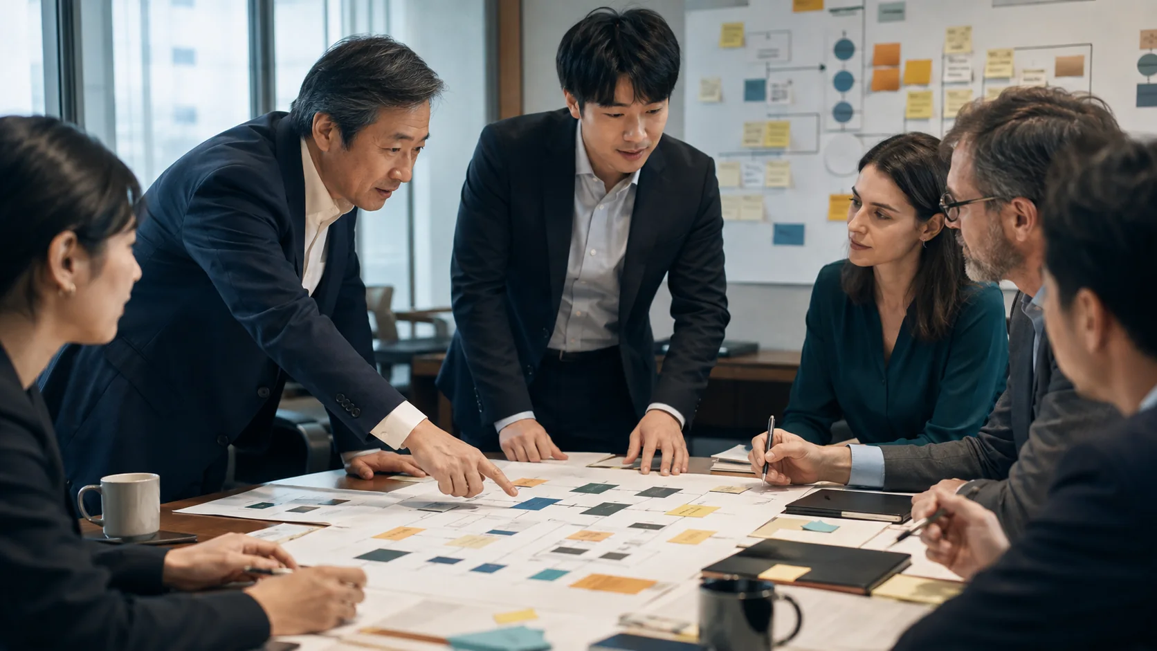 顧客引継ぎ・プロジェクト運営・知見承継を計画する経営者とコンサルタントチーム